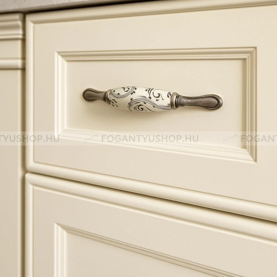 GIUSTI Fogantyú - 96 M8000G8E8G - furattáv 96 mm - Antik ezüst  - Zamak fém ötvözet, Porcelán - Porcelánnal kombinált antikolt fém bútorfogantyú