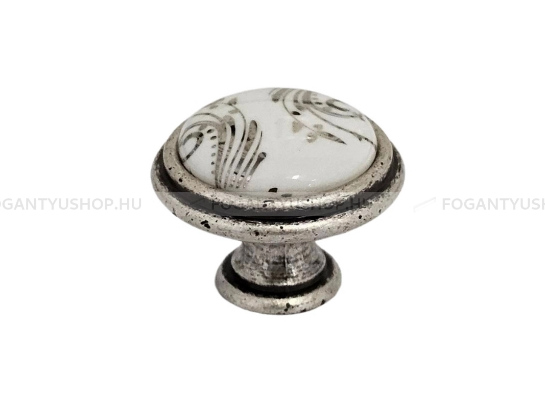GIUSTI Gomb fogantyú - P8800G8E8G - 1 furatos - Antik ezüst  - Zamak fém ötvözet, Porcelán - Porcelán, porcelánnal kombinált antikolt fém gombfogantyú