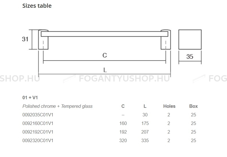 VIEFE Fogantyú GLASS HANDLE - Fényes króm - Átlátszó üveg - Edzett üveggel kombinált fém bútorfogantyú