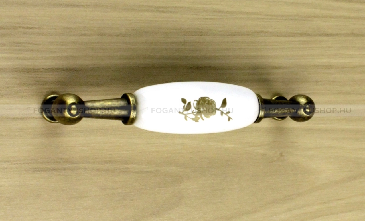 GRIMME Bútor fogantyú - 96 FG08890236.02 Antikolt - furattáv 96 mm - Fehér belo, Antikolt bronz  - Zamak fém ötvözet, Porcelán - Porcelánnal kombinált antikolt fém bútorfogantyú