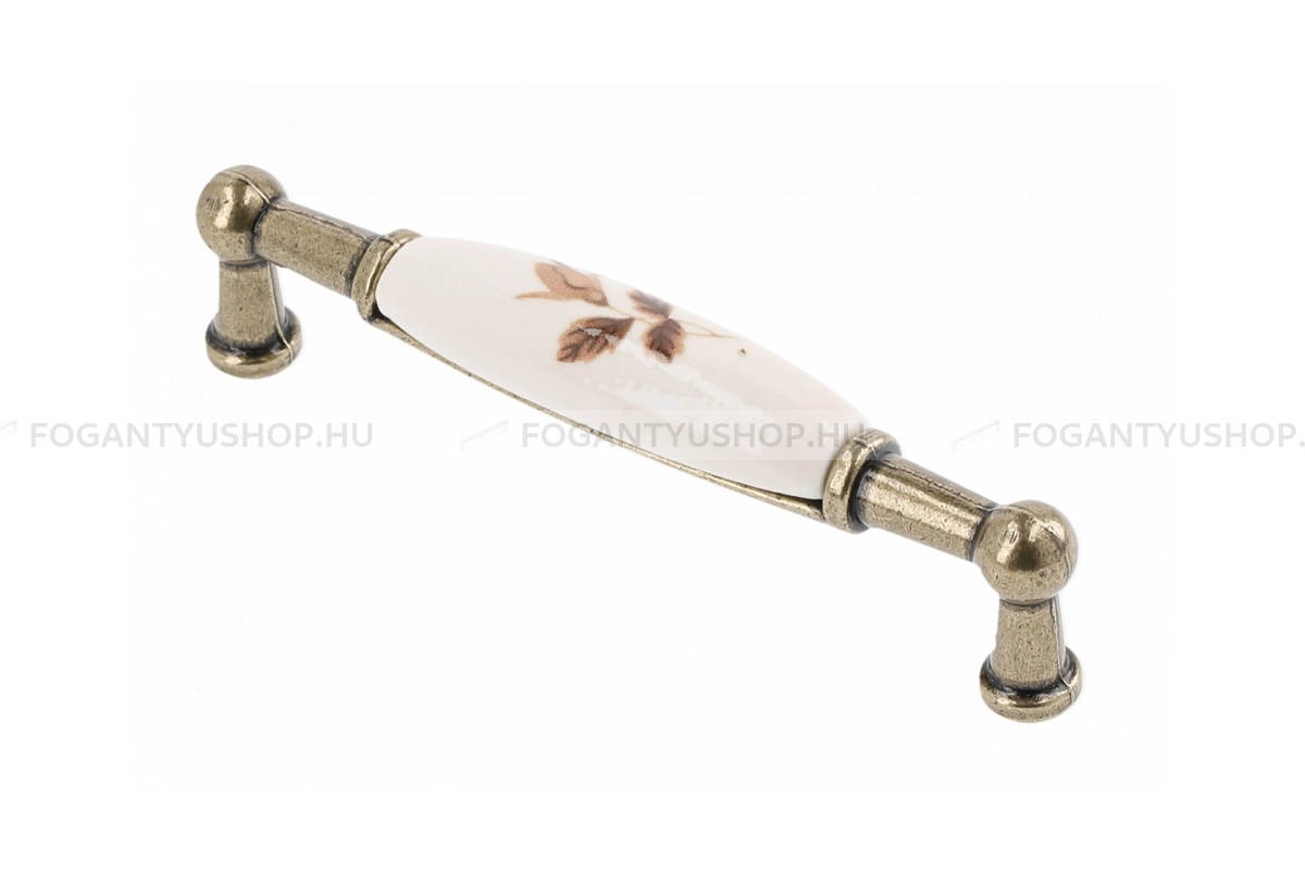 GTV Bútor fogantyú - 728B virág - furattáv 96 mm - Antik bronz - Barna virág - Alumínium - Porcelánnal kombinált antikolt fém bútorfogantyú