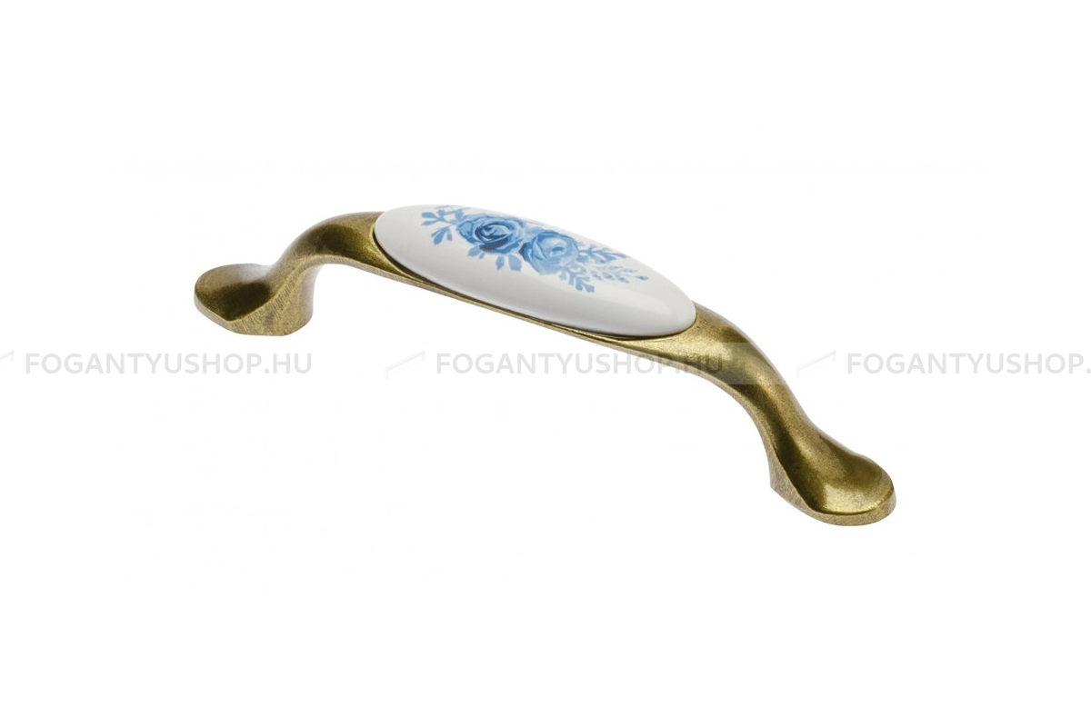 GTV Fogantyú - 728P virágmintás furattáv 96 virágmintás furattáv 96 virágmintás - furattáv 96 mm - Antik bronz - Kék virágmintás - Alumínium - Porcelánnal kombinált antikolt fém bútorfogantyú