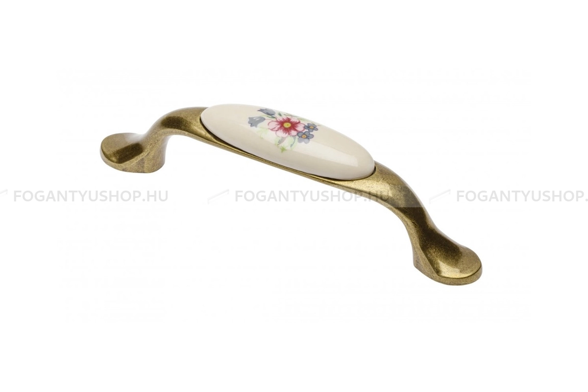 GTV Fogantyú - 728P lila virágmintás Lila virágmintás Lila virágmintás - furattáv 96 mm - Antik bronz - Lila virágmintás - Alumínium - Porcelánnal kombinált antikolt fém bútorfogantyú