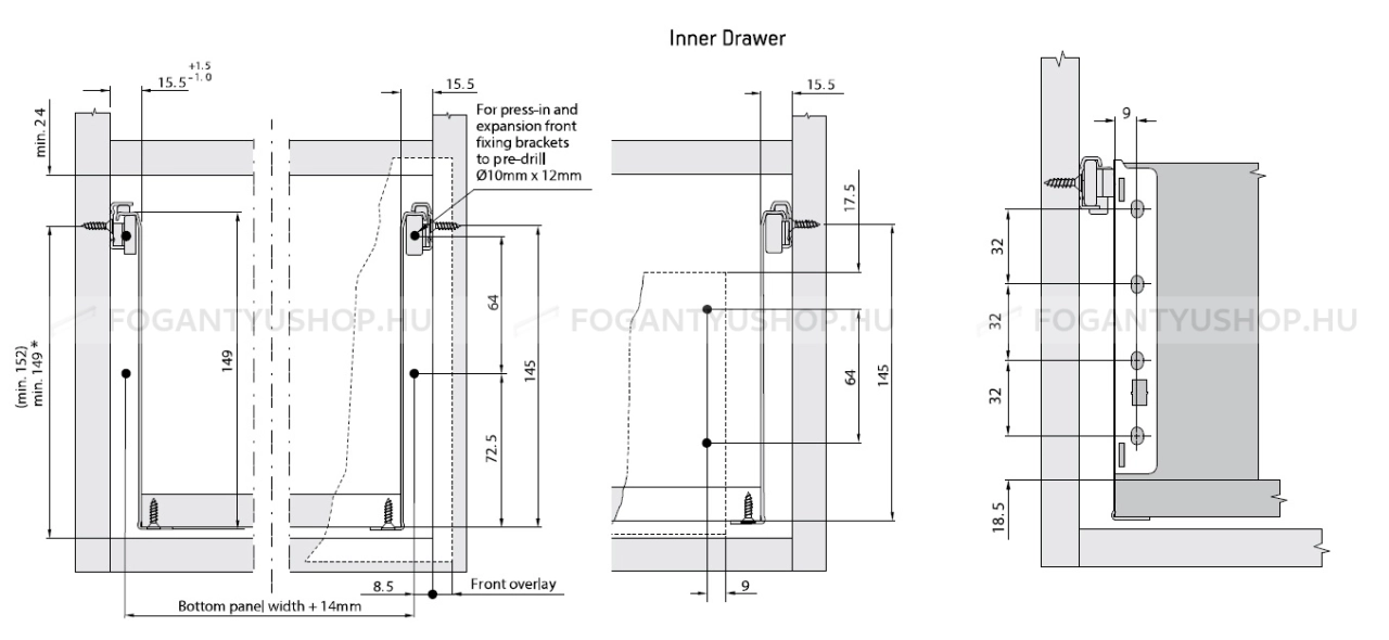 HARN IMPAZ - Fémoldalas belső fiók, részleges kihúzású 149x450mm (462045I) - Fehér porfestett acél