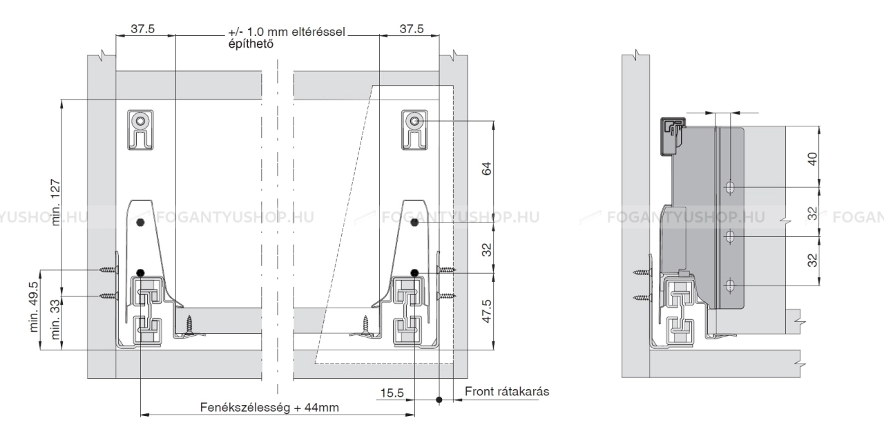 HARN RITMA CUBE M - Duplafalú fémoldalas fiók szögletes oldalkorláttal 83x400mm, max. 35kg - Fehér porfestett acél