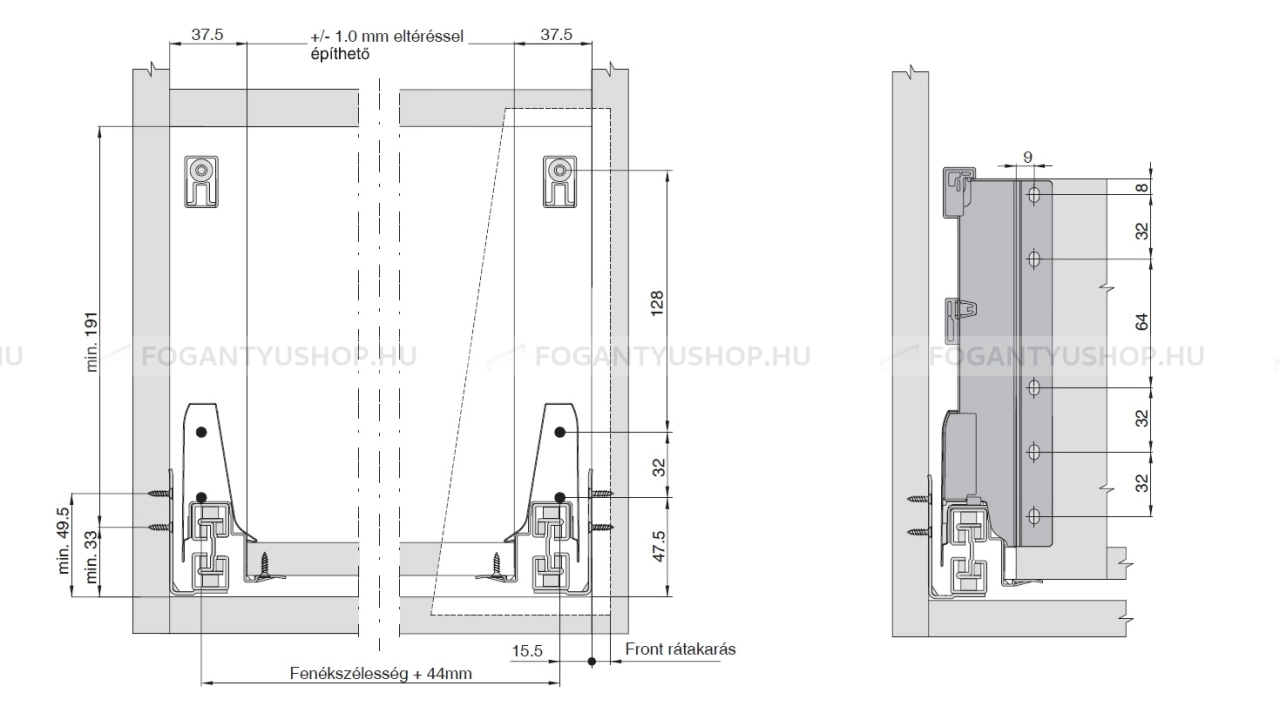 HARN RITMA CUBE M - Duplafalú fémoldalas fiók kerek oldalkorláttal 83x400mm, max. 35kg - Metálszürke porfestett acél