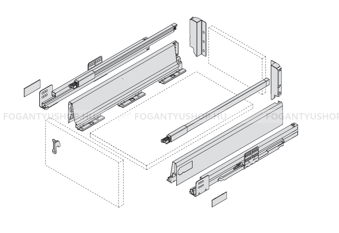 HARN RITMA CUBE M - Duplafalú fémoldalas fiók szögletes oldalkorláttal 83x270mm, max. 35kg - Ólomszürke porfestett acél