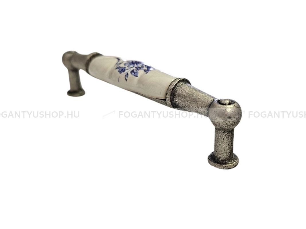 GIUSTI Bútor fogantyú - 96 M03010515G - furattáv 96 mm - Fehér belo, Antik ezüst  - Zamak fém ötvözet, Porcelán - Porcelánnal kombinált antikolt fém bútorfogantyú