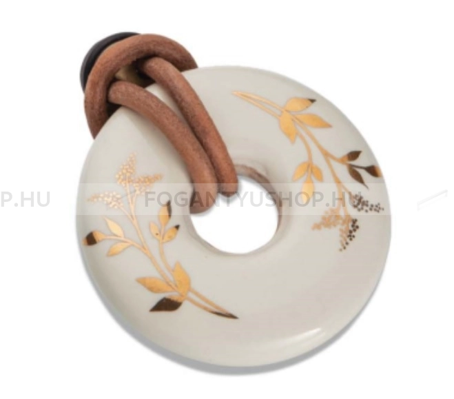 TOMURCUK Bútorfogantyú - 4000 Világosbarna II. - 1 furatos - Fehér belo, Világosbarna bőr , Szálcsiszolt sárgaréz II. 31 - Zamak fém ötvözet, Porcelán, Bőr - Porcelánnal kombinált antikolt fém bútorfogantyú