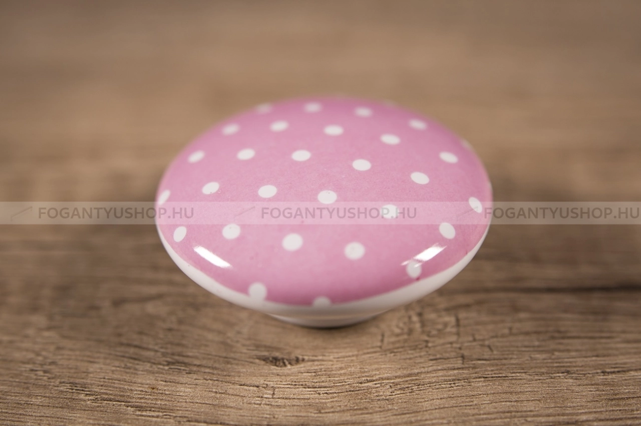 TOMURCUK Fogantyú - Gyerek pöttyös nagy Y-115 Rózsaszín - 1 furatos - Fehér belo, Rózsaszín roza - Porcelán - Színes gyerekbútor fogantyú