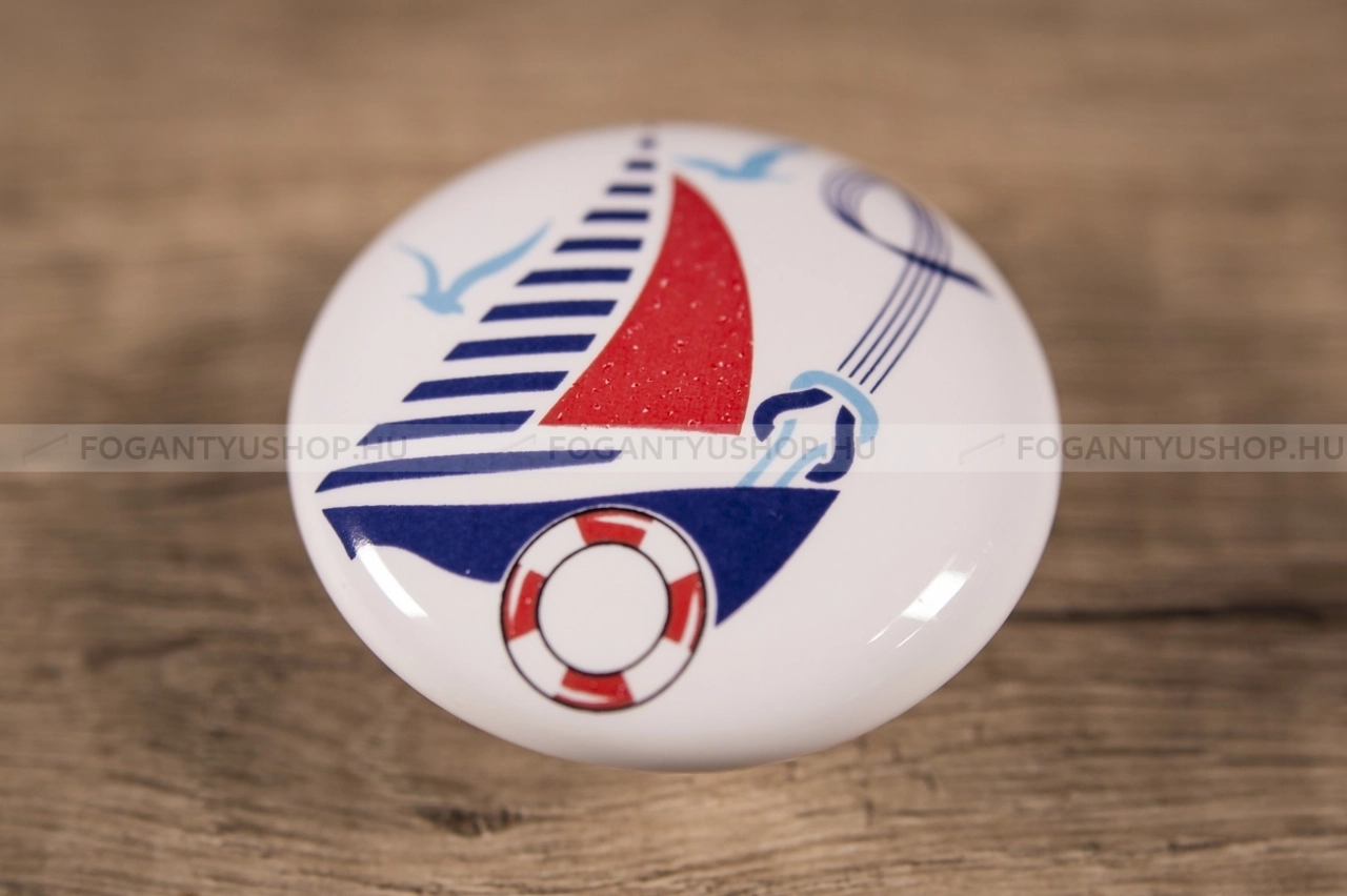 TOMURCUK Fogantyú - Gyerek vitorlás hajó B 101 - 1 furatos - Porcelán - Színes gyerekbútor fogantyú