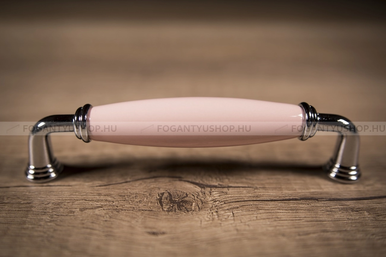 TOMURCUK Fogantyú - 2020 128 - furattáv 128 mm - Fényes króm Cr, Rózsaszín roza - Zamak fém ötvözet, Porcelán - Porcelánnal kombinált antikolt fém bútorfogantyú