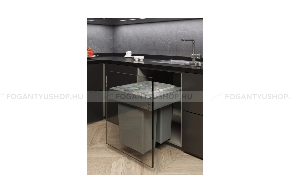 ELLETIPI Hulladékgyűjtő SQUARE 2.0 600, szelektív, frontkihúzású, 24L + 8L + 2*12L - Szürke - Beépíthető szelektív kuka, hulladéktároló