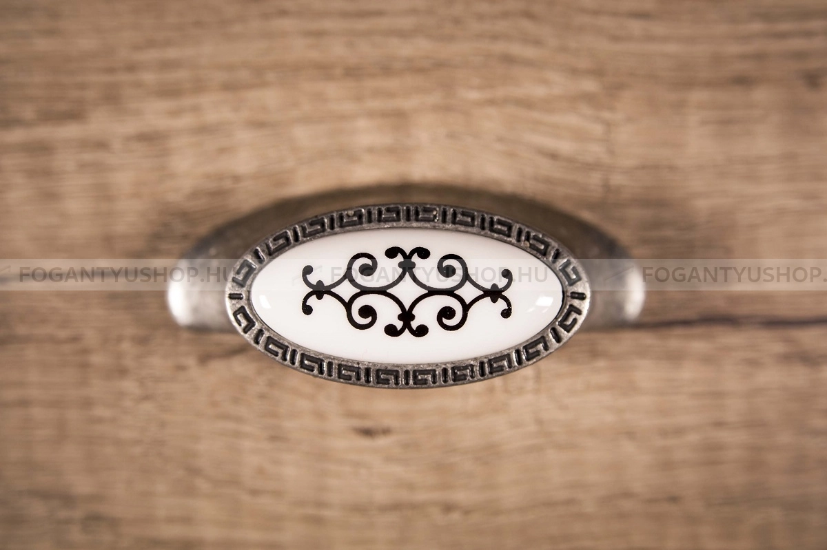 TOMURCUK Fogantyú - 1000 64 - furattáv 64 mm - Fehér belo, Antik ezüst , Fekete - Zamak fém ötvözet, Porcelán - Porcelánnal kombinált antikolt fém bútorfogantyú