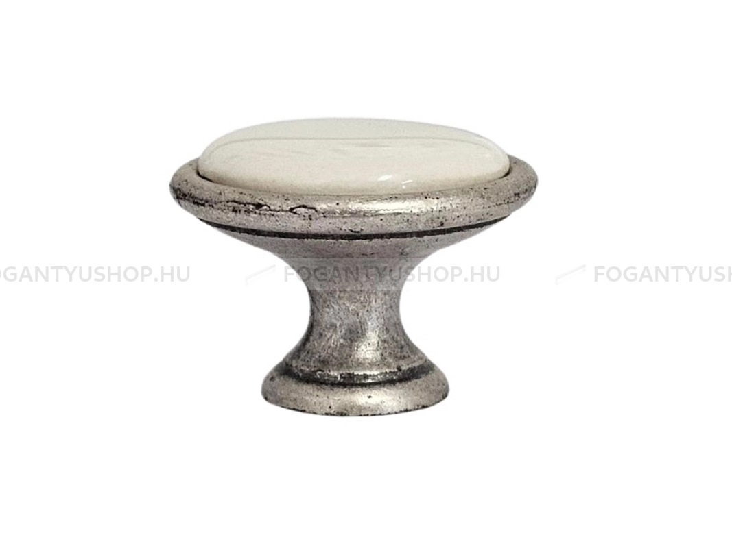 GIUSTI Bútorgomb - P07010015G - 1 furatos - Antik ezüst  - Zamak fém ötvözet, Porcelán - Porcelán, porcelánnal kombinált antikolt fém gombfogantyú