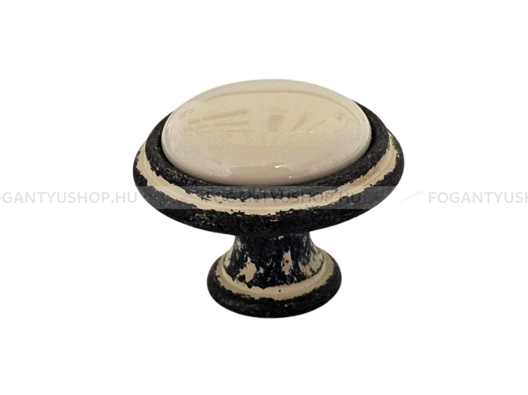 GIUSTI Bútorgomb - P880100C2G - 1 furatos - Vintage koptatott fekete Vint, Fehér belo - Zamak fém ötvözet, Porcelán - Porcelán, porcelánnal kombinált antikolt fém gombfogantyú