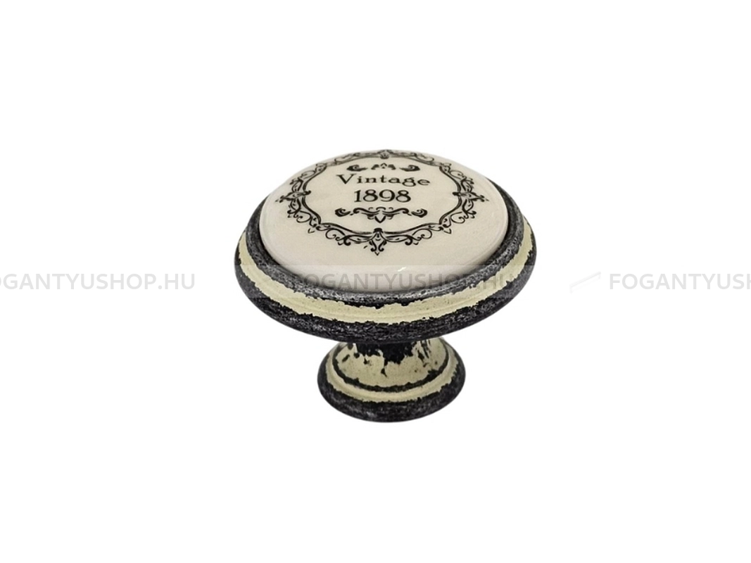 GIUSTI Bútorgomb - P7701Q3C2G Vintage koptatott - 1 furatos - Vintage koptatott fekete Vint, Fehér belo - Zamak fém ötvözet, Porcelán - Porcelán, porcelánnal kombinált antikolt fém gombfogantyú
