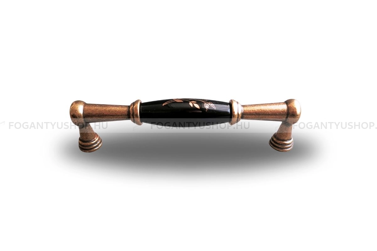 TOMURCUK Bútor fogantyú - 1045 virágos 128 Antikolt - furattáv 128 mm - Fekete, Antikolt bronz  - Zamak fém ötvözet, Porcelán - Porcelánnal kombinált antikolt fém bútorfogantyú