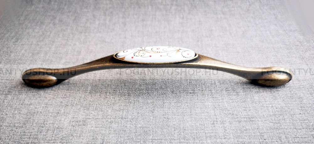 TOMURCUK Fogantyú - 1654 192 - furattáv 192 mm - Festett fehér WhiteL, Szálcsiszolt antik barna  - Zamak fém ötvözet, Porcelán - Porcelánnal kombinált antikolt fém bútorfogantyú