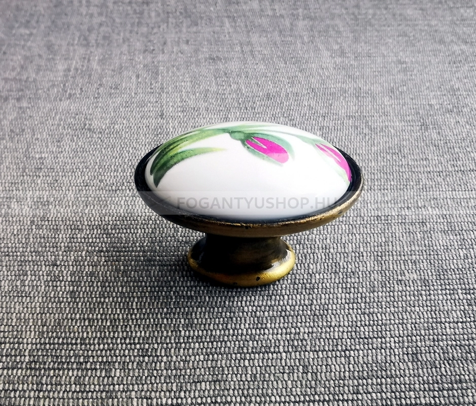 TOMURCUK Gombfogantyú - 3025 tulipános Festett - 1 furatos - Festett fehér WhiteL, Antik patina barna  - Zamak fém ötvözet, Porcelán - Porcelán, porcelánnal kombinált antikolt fém gombfogantyú