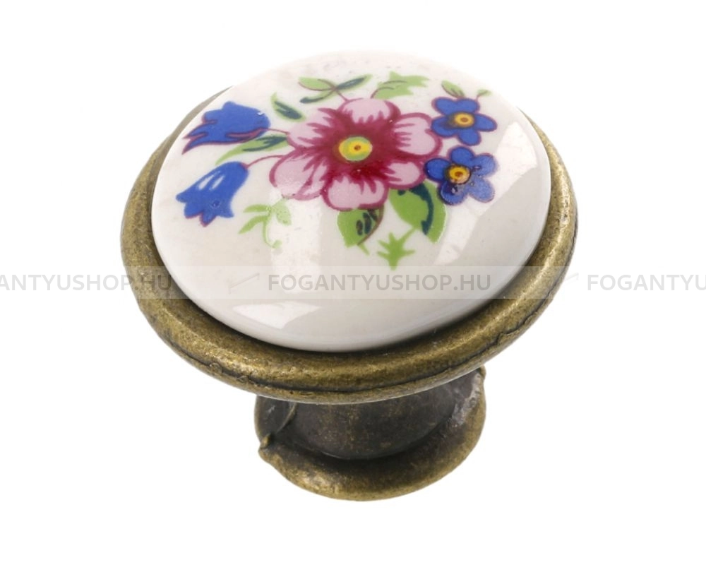 GTV Gomb fogantyú - GP-0728-J4-R - 1 furatos - Antik sárgaréz 04 - Színes virág - Porcelán, porcelánnal kombinált antikolt fém gombfogantyú