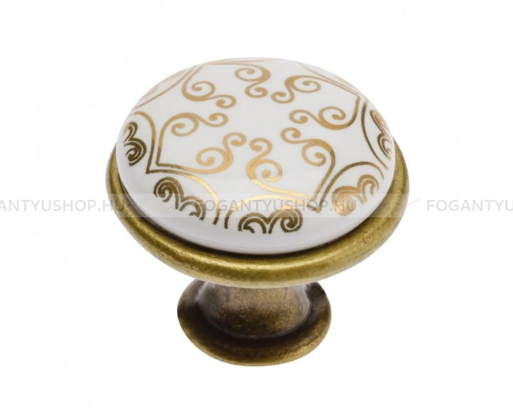 GTV Bútorgomb - GP 0728 J4 C 04 - 1 furatos - Antik sárgaréz -04  Arany minta - Zamak fém ötvözet, Porcelán - Porcelán, porcelánnal kombinált antikolt fém gombfogantyú